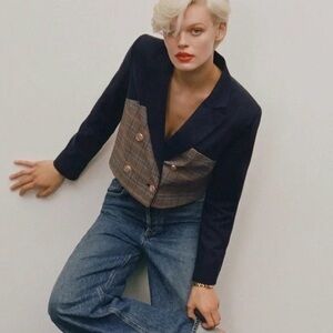 Jason Wu Navy and Plaid Cropped Blazer